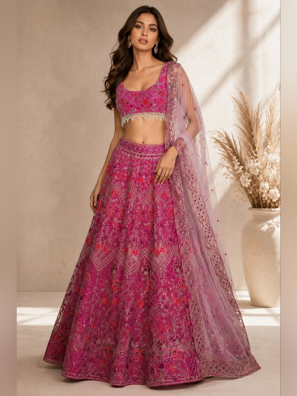 Rose Pink Net Sequins embroidered Flared Style Lehenga Choli - Size 10